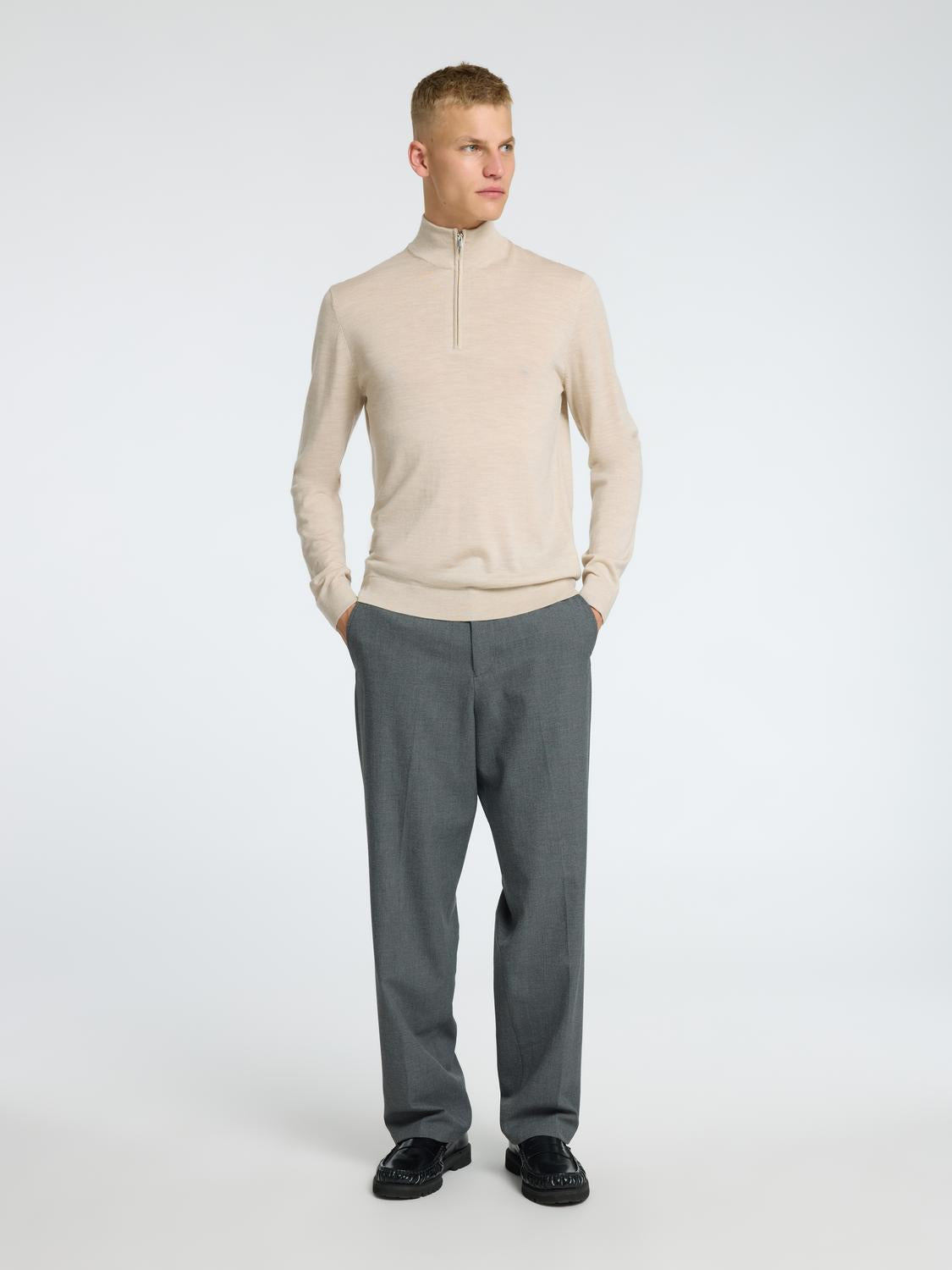 Slhtray Ls Knit Merino Half Zip Noos