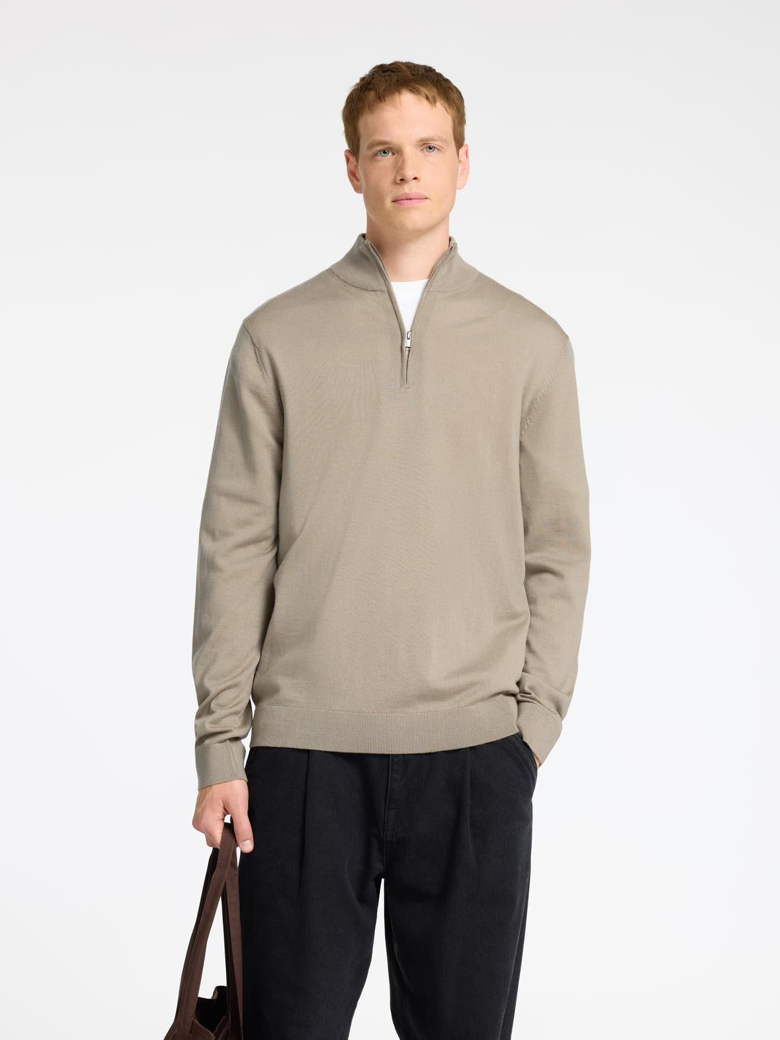 Slhtray Ls Knit Merino Half Zip Noos