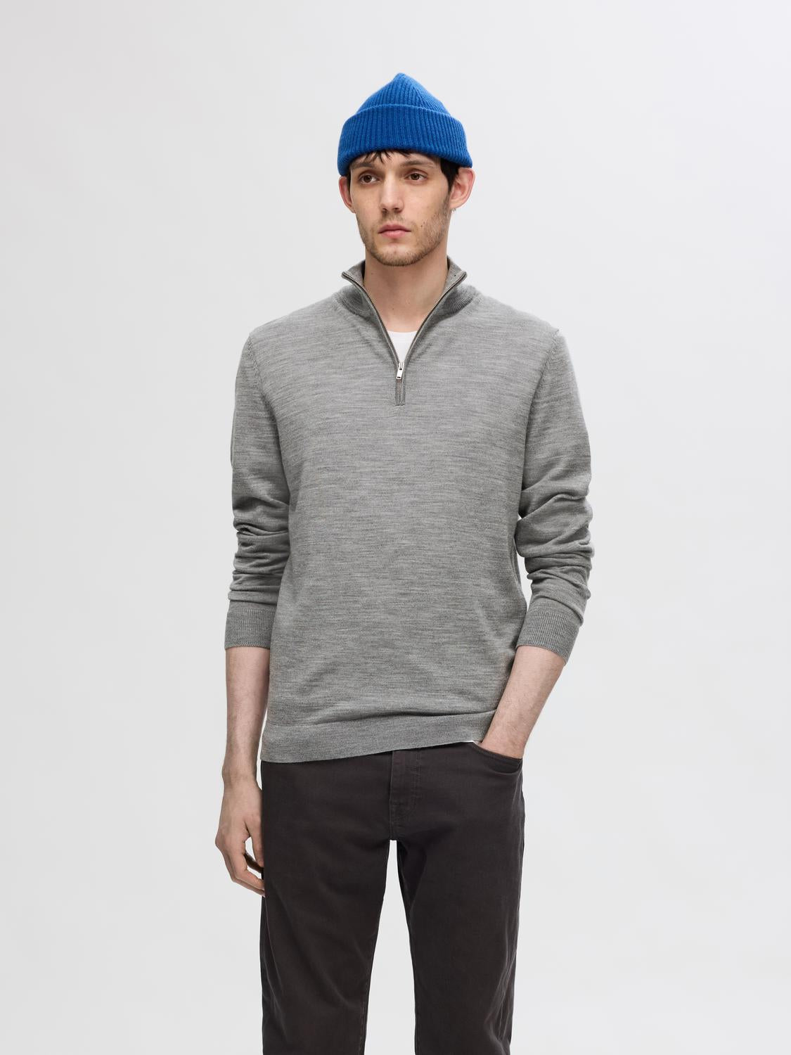 Slhtray Ls Knit Merino Half Zip Noos