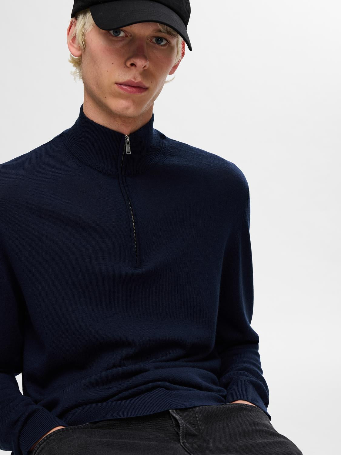 Slhtray Ls Knit Merino Half Zip Noos