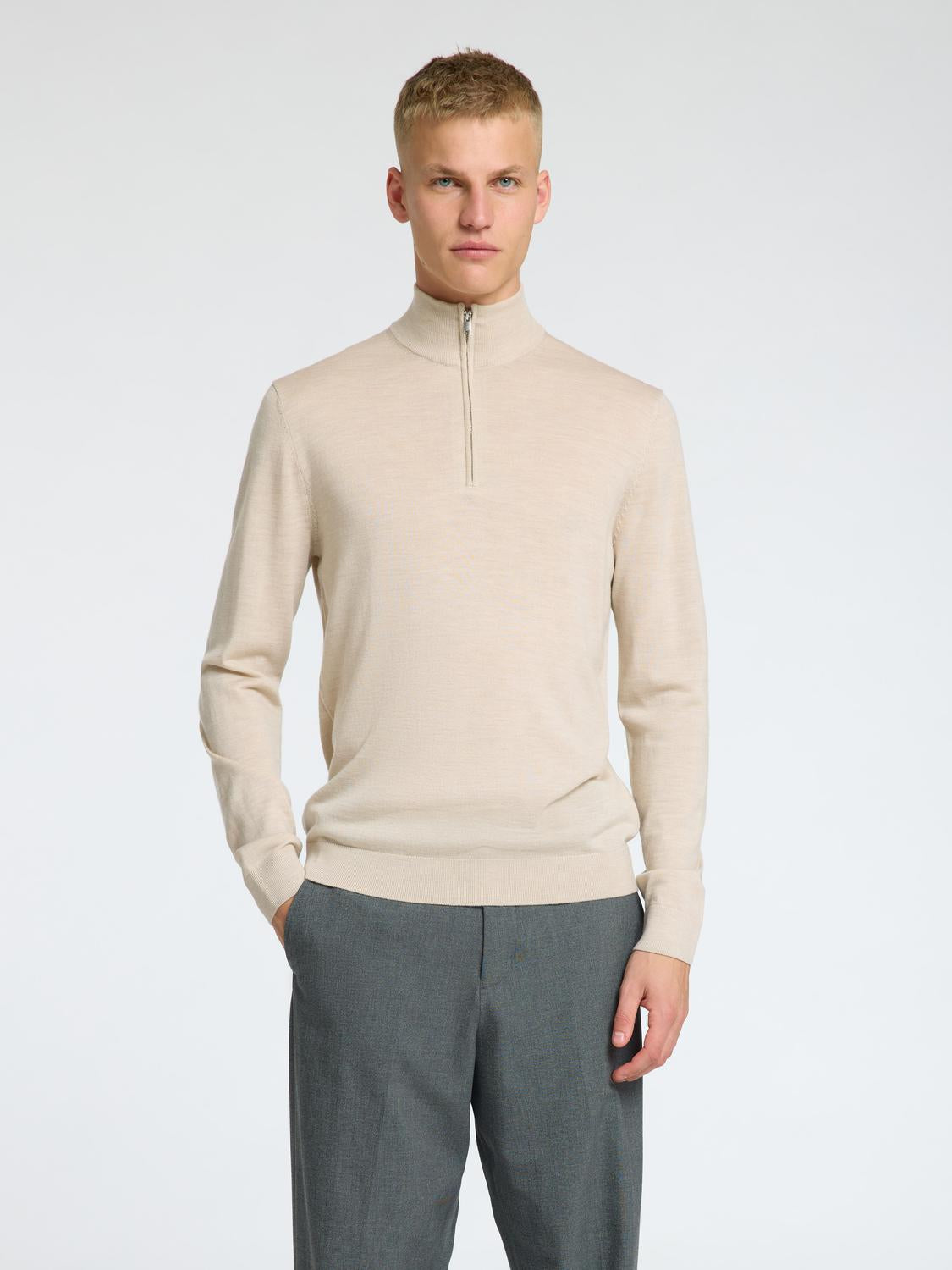 Slhtray Ls Knit Merino Half Zip Noos