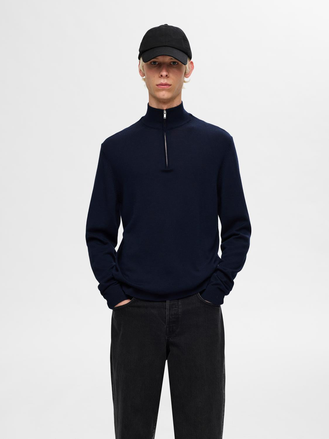 Slhtray Ls Knit Merino Half Zip Noos