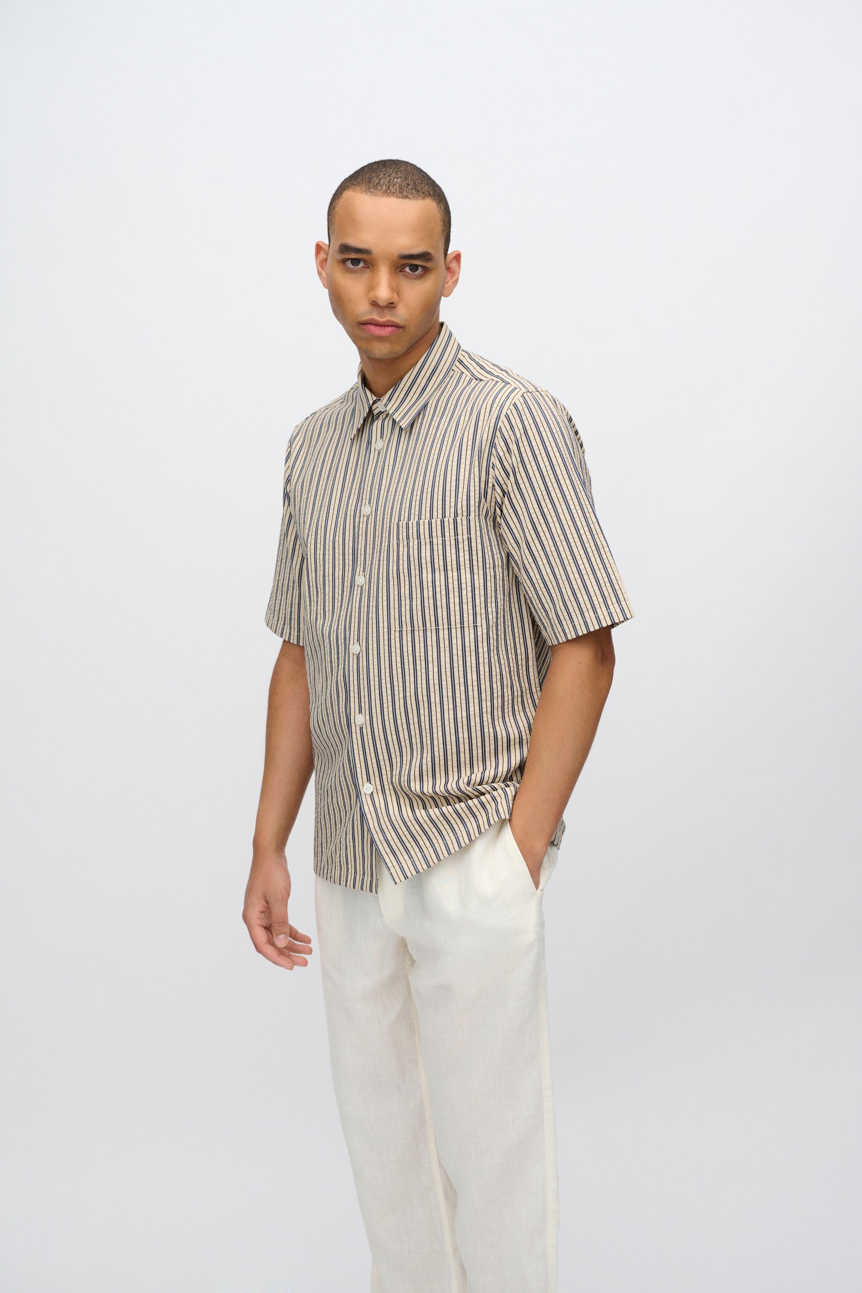 minimum male Nash kortæmet skjorte i striber 4242 Short Sleeved Shirt 0418 Hay
